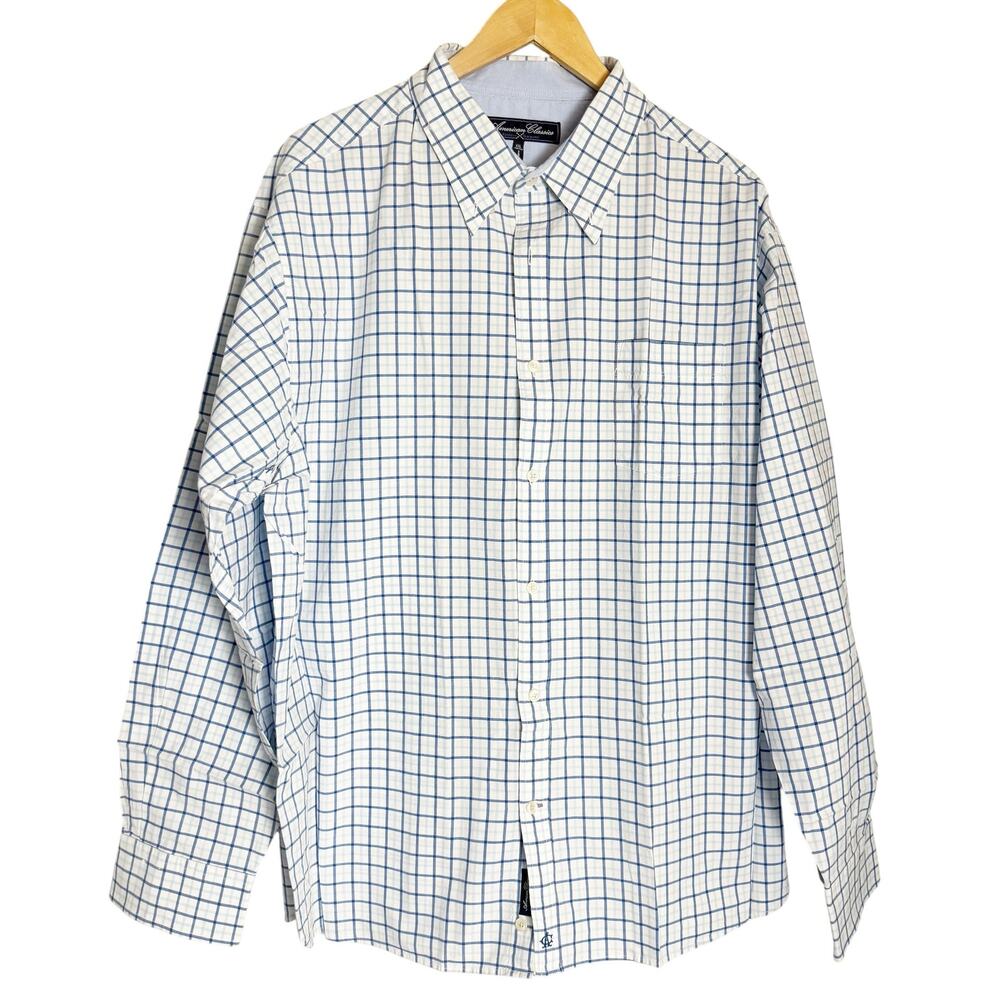 American Classics Russell Simmons White Blue Plaid Check Print Button Down Shirt